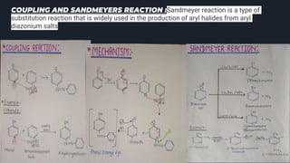 COUPLING AND SANDMEYERS REACTION :Sandmeyer reaction is a type of
substitution reaction that is widely used in the production of aryl halides from aryl
diazonium salts
 