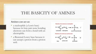 THE BASICITY OF AMINES
Amines can act as:
• a nucleophile (a Lewis base)
because its lone pair none bonding
electrons can form a bond with an
electrophile.
• a Brønsted-Lowry base because it
can accept a proton from a proton
acid.
 