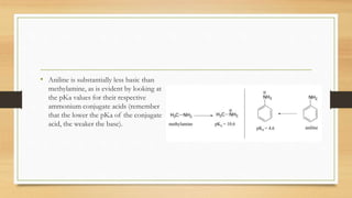 • Aniline is substantially less basic than
methylamine, as is evident by looking at
the pKa values for their respective
ammonium conjugate acids (remember
that the lower the pKa of the conjugate
acid, the weaker the base).
 