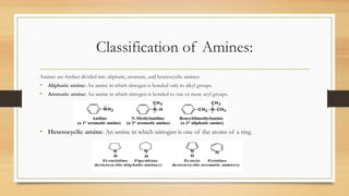 Classification of Amines:
Amines are further divided into aliphatic, aromatic, and heterocyclic amines:
• Aliphatic amine: An amine in which nitrogen is bonded only to alkyl groups.
• Aromatic amine: An amine in which nitrogen is bonded to one or more aryl groups.
• Heterocyclic amine: An amine in which nitrogen is one of the atoms of a ring.
 