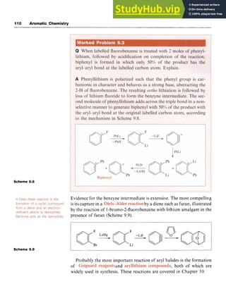 110 Aromatic Chemistry
Scheme 9.8 zyxwvutsrqp
Evidence for the benzyne intermediate is extensive. The most compelling
is its capture in a by a diene such as furan, illustrated
by the reaction of 1-bromo-2-fluorobenzene with lithium amalgam in the
presence of furan (Scheme 9.9). zyxw
.
Scheme 9.9
Probably the most important reaction of aryl halides is the formation
of and i, both of which are
widely used in synthesis. These reactions are covered in Chapter 10.
 