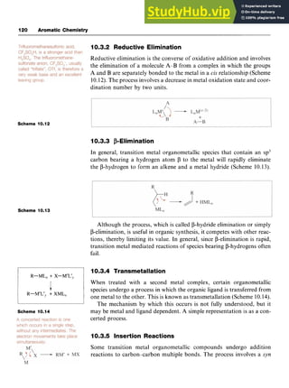 120 Aromatic Chemistry
10.3.2 Reductive Elimination zyxw
Reductive elimination is the converse of oxidative addition and involves
the elimination of a molecule zyxw
A-B from a complex in which the groups
A and B are separately bonded to the metal in a zyxw
cis relationship (Scheme
10.12). The process involves a decrease in metal oxidation state and coor-
dination number by two units.
Scheme 10.12
10.3.3 P-Elimination
In general, transition metal organometallic species that contain an sp3
carbon bearing a hydrogen atom zyxw
p to the metal will rapidly eliminate
the P-hydrogen to form an alkene and a metal hydride (Scheme 10.13).
Scheme 10.13
Although the process, which is called P-hydride elimination or simply
p-elimination, is useful in organic synthesis, it competes with other reac-
tions, thereby limiting its value. In general, since p-elimination is rapid,
transition metal mediated reactions of species bearing P-hydrogens often
fail.
10.3.4 Transmetallation
R-ML, + X-M’L’,
When treated with a second metal complex, certain organometallic
species undergo a process in which the organic ligand is transferred from
one metal to the other. This is known as transmetallation (Scheme 10.14).
The mechanism by which this occurs is not fully understood, but it
may be metal and ligand dependent. A simple representation is as a con-
certed process.
R-M’L’,. + XML,
1 .
,
Scheme 10.14
10.3.5 Insertion Reactions
Some transition metal organometallic compounds undergo addition
reactions to carbon<arbon multiple bonds. The process involves a syn
 