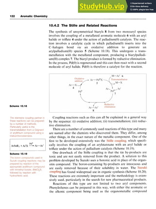 122 Aromatic Chemistry zyxwvuts
first to be developed extensively was the zyxw
, which specifi-
tally involves the coupling of an arylstannane with an aryl halide or
triflate under the action of palladium catalysis (Scheme 10.19). zy
ArSnR3 + A ~ ’ x-Ar--Ar’
10.4.2 The Stille and Related Reactions
The synthesis of unsymmetrical biaryls 8 from two monoaryl species
involves the coupling of a metallated aromatic molecule 6 with an aryl
halide or triflate 4 under the action of palladium(0) catalysis. The reac-
tion involves a catalytic cycle in which palladium(0) inserts into the
C-halogen bond zyxwv
viu an oxidative addition to generate an
arylpalladium(I1) species zyxw
5 (Scheme 10.18). This undergoes a trans-
metallation with the metallated component, producing a biarylpalladi-
um(I1) complex 7. The biaryl product is formed by reductive elimination.
In the process, Pd(0) is regenerated and this can then react with a second
molecule of aryl halide. Pd(0) is therefore a catalyst for the reaction.
Scheme 10.18
 