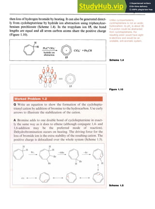 Aromaticity 9 z
then loss of hydrogen bromide by heating. It can also be generated direct-
ly from cycloheptatriene by hydride ion abstraction using triphenylcar-
benium perchlorate (Scheme 1.4). In the tropylium ion 15, the bond
lengths are equal and all seven carbon atoms share the positive charge
(Figure 1.10).
H Izyxwvutsrqponmlk
15
Scheme 1.4
Figure 1.10
Scheme 1.5
 