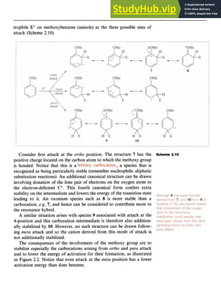Aromatic Substitution 23 z
trophile zyxwvuts
E" on methoxybenzene (anisole) at the three possible sites of
attack (Scheme 2.10).
Consider first attack at the zyxwvut
ortho position. The structure 7 has the
positive charge located on the carbon atom to which the methoxy group
is bonded. Notice that this is a zyxwvu
, a species that is
recognized as being particularly stable (remember nucleophilic aliphatic
substitution reactions). An additional canonical structure can be drawn
involving donation of the lone pair of electrons on the oxygen atom to
the electron-deficient C'. This fourth canonical form confers extra
stabilityon the intermediateand lowers the energy of the transition state
leading to it. An oxonium species such as 8 is more stable than a
carbocation, e.g. zyxwvut
7,and hence can be considered to contribute more to
the resonance hybrid.
A similar situation arises with species 9 associated with attack at the
4-position and this carbocation intermediate is therefore also addition-
ally stabilized by 10. However, no such structure can be drawn follow-
ing meta attack and so the cation derived from this mode of attack is
not additionally stabilized.
The consequences of the involvement of the methoxy group are to
stabilize especially the carbocations arising from ortho and para attack
and to lower the energy of activation for their formation, as illustrated
in Figure 2.2. Notice that even attack at the meta position has a lower
activation energy than does benzene.
Scheme 2.10
 