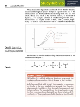 26 Aromatic Chemistry zyxwvut
IzyxwvutsrqponmlkjihgfedcbaZYXWVUTSRQ
0 zyxw
0 OR N
II II I 111zyxwvutsrqp
o*+/o- z
C < < zyxw
O=S=O < C < N
Ar' 'OR A
r
'
'
,
R I I I
Figure 2.3 Energy profilefor
electrophilic attack on nitroben-
zene at the zyxwvutsrqp
ortho, meta and para
positionscompared with benzene
Figure 2.4
While attack at the 3-position is still much slower than for benzene,
no canonical form places positive charges on adjacent atoms and so the
intermediate is less destabilized than those arising from ortho and para
attack. Hence meta attack is the preferred reaction, as illustrated in
Figure 2.3. For example, nitration of nitrobenzene gives 88% of 1,3-
dinitrobenzeneand only 8% and 1% of the 1,2- and 1,4-isomers, respec-
tively. The reaction occurs at a relative rate of 6 x lo-*to that of benzene.
The efficiency of electron withdrawal by substituents increases in the
order shown in Figure 2.4.
Ar Ar Ar
 
