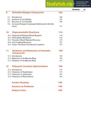 Contents vii z
9.1 Introduction 104
9.2 Synthesis of Aryl Halides 105
9.3 Reactions of Aryl Halides 108
9.4 Aromatic Halogen Compounds Substituted in the Side
Chain 111
10.1 Grignard and Organolithium Reagents
10.2 Electrophilic Metallation
10.3 Transition Metal Mediated Processes
10.4 Aryl Coupling Reactions
10.5 Arene-Chromium Tricarbonyl Complexes
11.1 Introduction
11.2 Reduction of the Benzene Ring
I 1.3 Oxidation of the Benzene Ring
12.1 Introduction
12.2 Chemistry of Naphthalene
12.3 Chemistry of Anthracene
12.4 Chemistry of Phenanthrene
114
118
119
121
125
129
129
131
135
135
141
143
 
