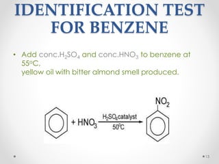 IDENTIFICATION TEST
FOR BENZENE
• Add conc.H2SO4 and conc.HNO3 to benzene at
55oC,
yellow oil with bitter almond smell produced.
13
 