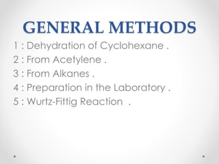 GENERAL METHODS
1 : Dehydration of Cyclohexane .
2 : From Acetylene .
3 : From Alkanes .
4 : Preparation in the Laboratory .
5 : Wurtz-Fittig Reaction .
15
 