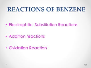 REACTIONS OF BENZENE
• Electrophilic Substitution Reactions
• Addition reactions
• Oxidation Reaction
28
 