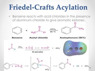 Friedel-Crafts Acylation
• Benzene reacts with acid chlorides in the presence
of aluminum chloride to give aromatic ketones .
38
 