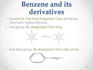 Benzene and its
derivatives
• Constitute the most important class of Arenes
(Aromatic hydrocarbons).
• Aryl group. By dropping H from ring.
• Aryl alkyl group. By dropping H from side chain.
6
 