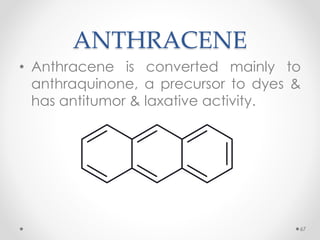 ANTHRACENE
• Anthracene is converted mainly to
anthraquinone, a precursor to dyes &
has antitumor & laxative activity.
67
 