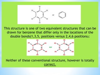 This structure is one of two equivalent structures that can be
drawn for benzene that differ only in the locations of the
double bonds(1,3,5, positions versus 2,4,6 positions):
Neither of these conventional structure, however is totally
correct.
 