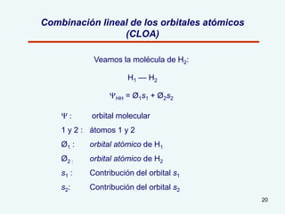20
Combinación lineal de los orbitales atómicos
(CLOA)
Veamos la molécula de H2:
H1 — H2
YHH = Ø1s1 + Ø2s2
Y : orbital molecular
1 y 2 : átomos 1 y 2
Ø1 : orbital atómico de H1
Ø2 : orbital atómico de H2
s1 : Contribución del orbital s1
s2: Contribución del orbital s2
 