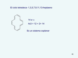 35
El ciclo tetradeca- 1,3,5,7,9,11,13-heptaeno
14 e- p
4x3 = 12 + 2= 14
Es un sistema coplanar
 