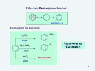 4
Estructura Kekule para el benceno:
6 electrones p
Reacciones del benceno:
H2SO4
Br2+ FeBr3
MnO4
calor
calor
calor
SO3H
Br
No reacciona
Reacciones de
Sustitución
 