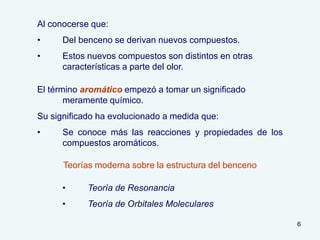 6
Al conocerse que:
• Del benceno se derivan nuevos compuestos.
• Estos nuevos compuestos son distintos en otras
características a parte del olor.
El término aromático empezó a tomar un significado
meramente químico.
Su significado ha evolucionado a medida que:
• Se conoce más las reacciones y propiedades de los
compuestos aromáticos.
Teorías moderna sobre la estructura del benceno
• Teoría de Resonancia
• Teoría de Orbitales Moleculares
 