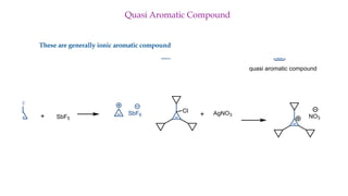These are generally ionic aromatic compound
Quasi Aromatic Compound
O
ENu
OE
Nu
O
HClO4
OH
ClO4
quasi aromatic compound
F
SbF5
SbF6
Cl AgNO3 NO3
 