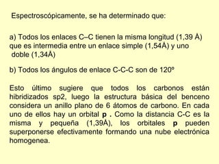 Espectroscópicamente, se ha determinado que:

a) Todos los enlaces C–C tienen la misma longitud (1,39 Å)
que es intermedia entre un enlace simple (1,54Å) y uno
 doble (1,34Å)

b) Todos los ángulos de enlace C-C-C son de 120º

Esto último sugiere que todos los carbonos están
hibridizados sp2, luego la estructura básica del benceno
considera un anillo plano de 6 átomos de carbono. En cada
uno de ellos hay un orbital p . Como la distancia C-C es la
misma y pequeña (1,39Å), los orbitales p pueden
superponerse efectivamente formando una nube electrónica
homogenea.
 