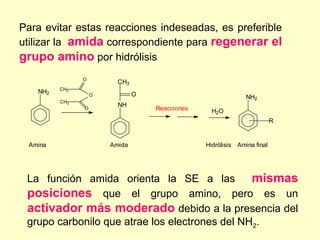 Para evitar estas reacciones indeseadas, es preferible
utilizar la amida correspondiente para regenerar el
grupo amino por hidrólisis
               O
                         CH3
         CH3
   NH2             O           O                                NH2
         CH3
                         NH
               O                   Reacciones     H2O
                                                                           R


 Amina                 Amida                    Hidrólisis   Amina final




 La función amida orienta la SE a las           mismas
 posiciones que el grupo amino, pero es un
 activador más moderado debido a la presencia del
 grupo carbonilo que atrae los electrones del NH2.
 