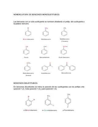 NOMENCLATURA DE BENCENOS MONOSUSTITUIDOS.
Los bencenos con un sólo sustituyente se nombran añadiendo el prefijo del sustituyente a
la palabra benceno.
BENCENOS DISUSTITUIDOS.
En bencenos disustituidos se indica la posición de los sustituyentes con los prefijos orto
(posición 1,2), meta (posición 1,3) y para (posición 1,4).
 