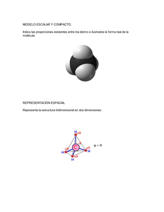 MODELO ESCALAR Y COMPACTO.
Indica las proporciones existentes entre los átomo e ilustrados la forma real de la
molécula.
REPRESENTACIÓN ESPACIAL
Representa la estructura tridimensional en dos dimensiones.
 