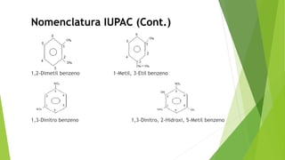 1,2-Dimetil benzeno 1-Metil, 3-Etil benzeno
1,3-Dinitro benzeno 1,3-Dinitro, 2-Hidroxi, 5-Metil benzeno
Nomenclatura IUPAC (Cont.)
 