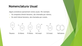Alguns aromáticos apresentam nomes usuais. Por exemplo:
 Os compostos dimetil benzeno, são chamados por xilenos;
 Os metil hidroxi benzeno, são chamados por cresois.
Tolueno O-Xileno P-Xileno M-Cresol O-Cresol Naftaleno
Nomenclatura Usual
 