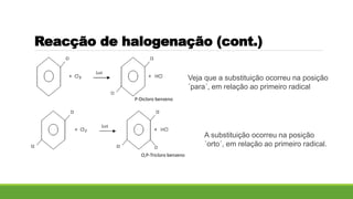 Veja que a substituição ocorreu na posição
´para´, em relação ao primeiro radical
Reacção de halogenação (cont.)
P-Dicloro benzeno
O,P-Tricloro benzeno
A substituição ocorreu na posição
´orto´, em relação ao primeiro radical.
 