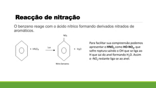 Reacção de nitração
O benzeno reage com o ácido nítrico formando derivados nitrados de
aromáticos.
Para facilitar sua compreensão podemos
apresentar o HNO3 como HO-NO2, que
sofre roptura saíndo o OH que se liga ao
H que sai do anel formando H2O. Assim
o -NO2 restante liga-se ao anel.
Nitro benzeno
 