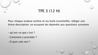 TPE 3 (12 H)
Pour chaque analyse (arôme et/ou huile essentielle), rédiger une
brève description, en essayant de répondre a...