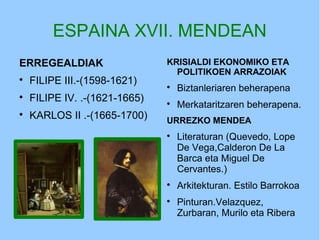 ESPAINA XVII. MENDEAN
ERREGEALDIAK

FILIPE III.-(1598-1621)

FILIPE IV. .-(1621-1665)

KARLOS II .-(1665-1700)
KRISIALDI EKONOMIKO ETA
POLITIKOEN ARRAZOIAK

Biztanleriaren beherapena

Merkataritzaren beherapena.
URREZKO MENDEA

Literaturan (Quevedo, Lope
De Vega,Calderon De La
Barca eta Miguel De
Cervantes.)

Arkitekturan. Estilo Barrokoa

Pinturan.Velazquez,
Zurbaran, Murilo eta Ribera
 