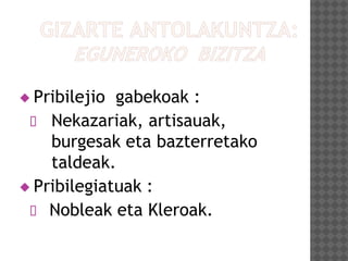  Pribilejio gabekoak :
 Nekazariak, artisauak,
burgesak eta bazterretako
taldeak.
 Pribilegiatuak :
 Nobleak eta Kleroak.
 