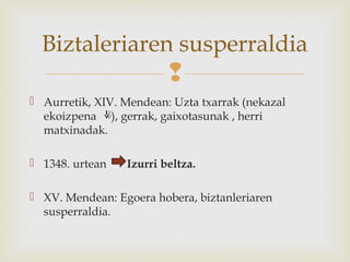 
 Aurretik, XIV. Mendean: Uzta txarrak (nekazal
ekoizpena ), gerrak, gaixotasunak , herri
matxinadak.
 1348. urtean Izurri beltza.
 XV. Mendean: Egoera hobera, biztanleriaren
susperraldia.
Biztaleriaren susperraldia
 