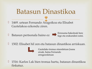  1469. urtean Fernando Aragoikoa eta Elisabet
Gaztelakoa ezkondu ziren.
 Batasun pertsonala baino ez
 1502: Elisabet hil zen eta batasun dinastikoa arriskuan.
 1516: Karlos I.ak bien tronua hartu, batasun dinastikoa
finkatuz.
Batasun Dinastikoa
Erresuma bakoitzak bere
lege eta erakundeei eutsi.
Gaztelako tronua oinordetzan Joana
eroak, baina Fernando
erregeordetzan
 