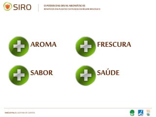 HARTMUT NESTLER | APOIO TÉCNICO
O PODER DAS ERVAS AROMÁTICAS
BENEFÍCIOS DAS PLANTAS CULTIVADAS EM REGIME BIOLÓGICO
AROMA
SABOR SAÚDE
FRESCURA
 