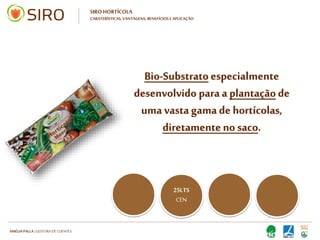 HARTMUT NESTLER | APOIO TÉCNICO
SIRO HORTÍCOLA
CARATERÍSTICAS, VANTAGENS, BENEFÍCIOS E APLICAÇÃO
Bio-Substrato
especialmente desenvolvido
para a plantação de uma
vasta gama de hortícolas,
diretamente no saco.
25LTS
CEN
25LTS
CEN
 