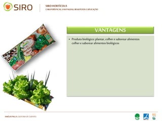 HARTMUT NESTLER | APOIO TÉCNICO
SIRO HORTÍCOLA
CARATERÍSTICAS, VANTAGENS, BENEFÍCIOS E APLICAÇÃO
VANTAGENS
• Produto biológico: plantar, colher e saborear
alimentos biológicos
• Apto para a plantação direta no saco (10
orifícios)
• Criação de uma horta em pequenos
espaços
• Contempla a drenagem necessária para
evitar o encharcamento do substrato
• O substrato não perde as suas caraterísticas
e proporciona conforto no manuseamento
• Produto biológico: plantar, colher e saborear
alimentos biológicos
• Apto para a plantação direta no saco (10
orifícios)
• Criação de uma horta em pequenos
espaços
• Contempla a drenagem necessária para
evitar o encharcamento do substrato
• O substrato não perde as suas caraterísticas
e proporciona conforto no manuseamento
 