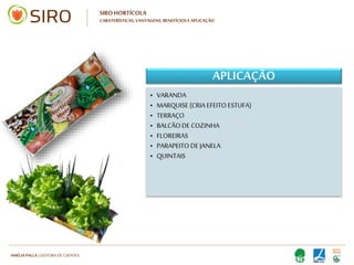 HARTMUT NESTLER | APOIO TÉCNICO
SIRO HORTÍCOLA
CARATERÍSTICAS, VANTAGENS, BENEFÍCIOS E APLICAÇÃO
APLICAÇÃO
• VARANDA
• MARQUISE (CRIA EFEITO ESTUFA)
• TERRAÇO
• BALCÃO DE COZINHA
• FLOREIRAS
• PARAPEITO DE JANELA
• QUINTAIS
• VARANDA
• MARQUISE (CRIA EFEITO ESTUFA)
• TERRAÇO
• BALCÃO DE COZINHA
• FLOREIRAS
• PARAPEITO DE JANELA
• QUINTAIS
 