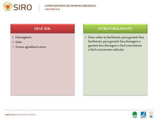 HARTMUT NESTLER | APOIO TÉCNICO
COMO IDENTIFICAR UM BOM SUBSTRATO
CARATERÍSTICAS
DEVE SER:
• Homogéneo
• Solto
• Aroma agradável a terra
• Não deve ter “corpos”
estranhos
• Não deve ter bolor
• Isento de partículas
estranhas: vidros, ferros,
entre outros
• Toque húmido natural
• Homogéneo
• Solto
• Aroma agradável a terra
• Não deve ter “corpos”
estranhos
• Não deve ter bolor
• Isento de partículas
estranhas: vidros, ferros,
entre outros
• Toque húmido natural
ESTRUTURALMENTE:
• Deve soltar-se facilmente,
para garantir boa drenagem
e fácil crescimento radicular
• Ao abrir um saco de
substrato: não deve estar
completamente encharcado
ou em pó (desidratado)
• O teor em humidade deve
ser equilibrado
• Deve soltar-se facilmente,
para garantir boa drenagem
e fácil crescimento radicular
• Ao abrir um saco de
substrato: não deve estar
completamente encharcado
ou em pó (desidratado)
• O teor em humidade deve
ser equilibrado
 
