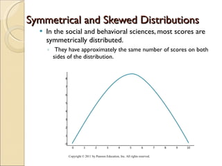 Symmetrical and Skewed Distributions In the social and behavioral sciences, most scores are symmetrically distributed. They have approximately the same number of scores on both sides of the distribution. Copyright © 2011 by Pearson Education, Inc. All rights reserved . 8 7 6 5 4 3 2 1 0                       0 1 2 3 4 5 6 7 8 9 10 