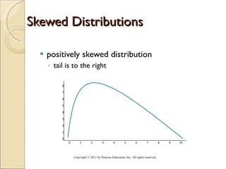 Skewed Distributions positively skewed distribution tail is to the right Copyright © 2011 by Pearson Education, Inc. All rights reserved . 8 7 6 5 4 3 2 1 0                       0 1 2 3 4 5 6 7 8 9 10 
