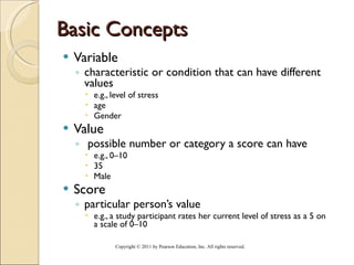 Basic Concepts Variable  characteristic or condition that can have different values e.g., level of stress age Gender Value  possible number or category a score can have  e.g., 0–10 35 Male Score  particular person’s value  e.g., a study participant rates her current level of stress as a 5 on a scale of 0–10 Copyright © 2011 by Pearson Education, Inc. All rights reserved . 