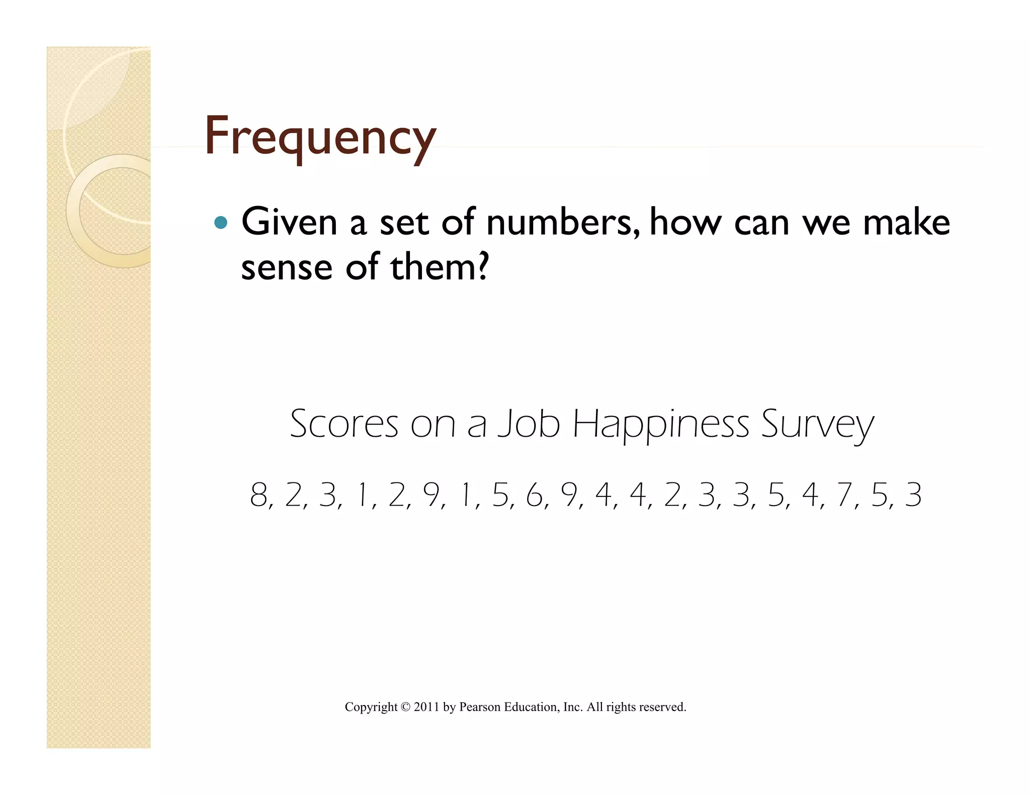 Frequency
 Given a set of numbers, how can we make
 sense of them?


    Scores on a Job Happiness Survey
 8, 2, 3, 1, 2, 9, 1, 5, 6, 9, 4, 4, 2, 3, 3, 5, 4, 7, 5, 3




         Copyright © 2011 by Pearson Education, Inc. All rights reserved.
 