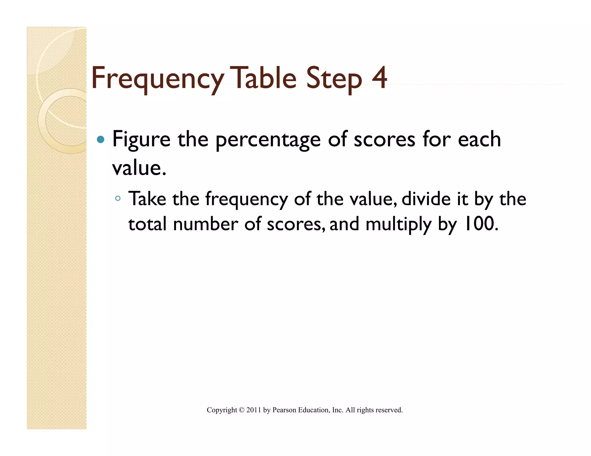 Frequency Table Step 4
 Figure the percentage of scores for each
 value.
 ◦ Take the frequency of the value divide it by the
                             value,
   total number of scores, and multiply by 100.




            Copyright © 2011 by Pearson Education, Inc. All rights reserved.
 