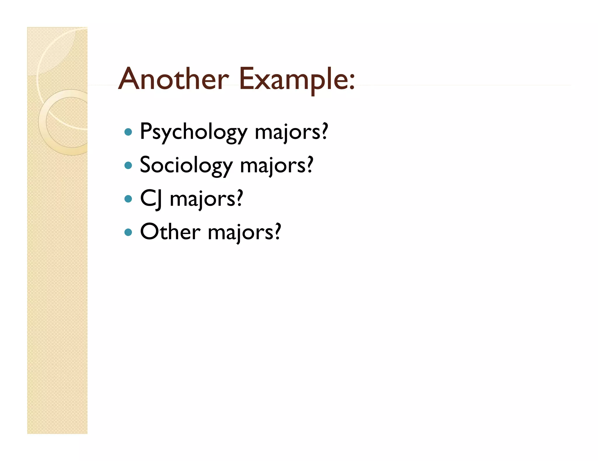 Another Example:
 Psychology majors?
   y     gy j
 Sociology majors?
 CJ majors?
 Other majors?
 
