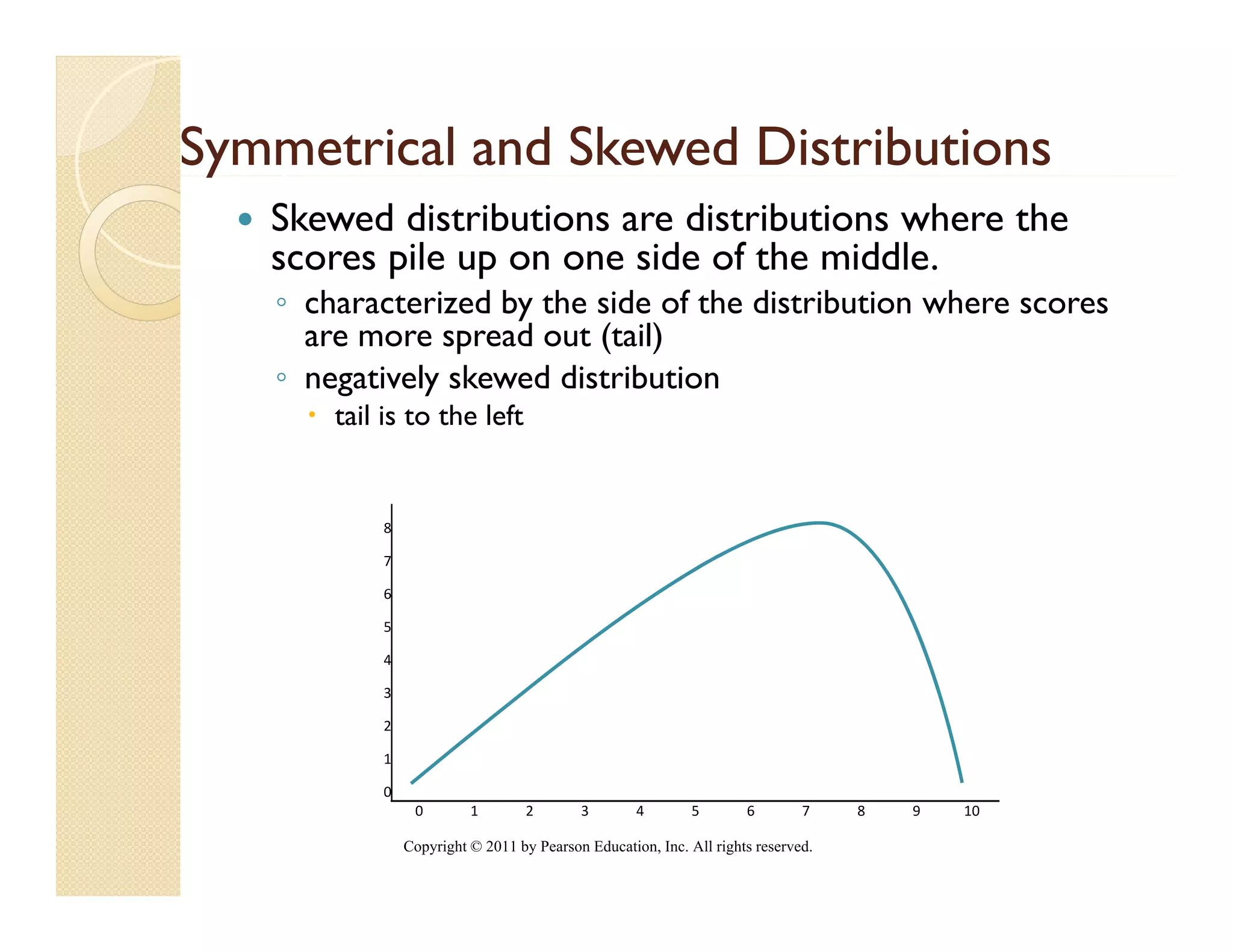 Symmetrical and Skewed Distributions
 y
   Skewed distributions are distributions where the
   scores pile up on one side of the middle.
   ◦ characterized b the side of th distribution where scores
      h     t i d by th id f the di t ib ti       h
     are more spread out (tail)
   ◦ negatively skewed distribution
       tail is to the left


           8

           7

           6

           5

           4

           3

           2

           1

           0
                0        1        2       3        4        5       6        7    8   9   10

               Copyright © 2011 by Pearson Education, Inc. All rights reserved.
 
