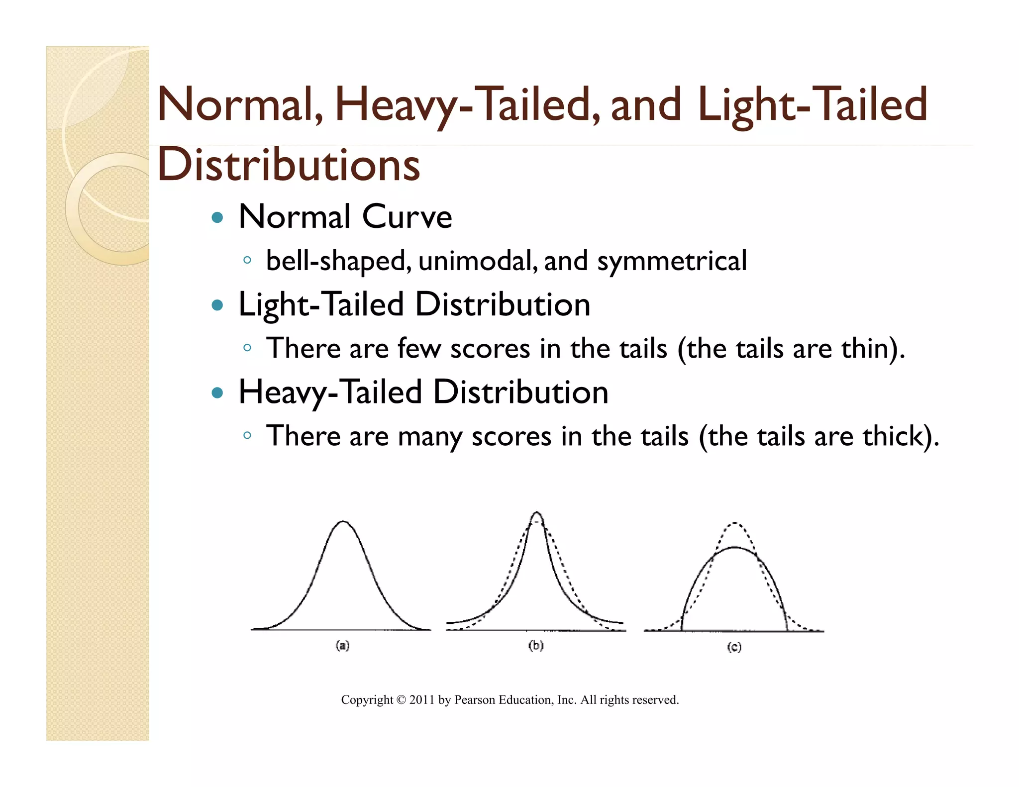 Normal, Heavy-Tailed, and Light-Tailed
         Heavy-           Light-
Distributions
    Normal Curve
    ◦ bell-shaped, unimodal, and symmetrical
    Light-Tailed Distribution
    ◦ There are fe sc res in the tails (the tails are thin)
                few scores                            thin).
    Heavy-Tailed Distribution
    ◦ There are many scores in the tails (the tails are thick).




            Copyright © 2011 by Pearson Education, Inc. All rights reserved.
 