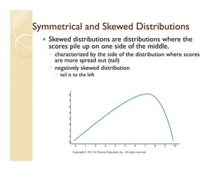 Symmetrical and Skewed Distributions
 y
   Skewed distributions are distributions where the
   scores pile up on one side of the middle.
   ◦ characterized b the side of th distribution where scores
      h     t i d by th id f the di t ib ti       h
     are more spread out (tail)
   ◦ negatively skewed distribution
       tail is to the left


           8

           7

           6

           5

           4

           3

           2

           1

           0
                0        1        2       3        4        5       6        7    8   9   10

               Copyright © 2011 by Pearson Education, Inc. All rights reserved.
 
